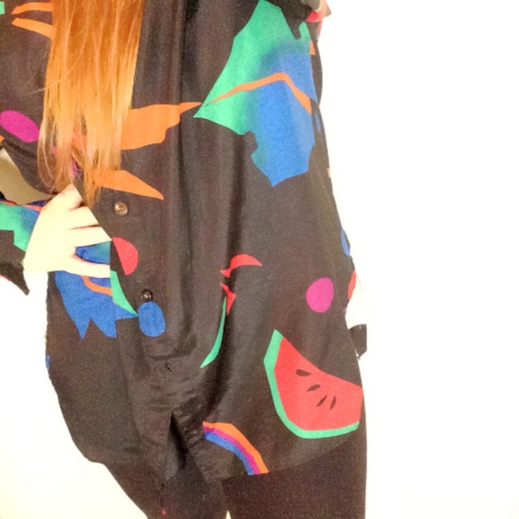 Bright oversized button down shirt vintage silky blouse abstract print dress top - Picture 6 of 8